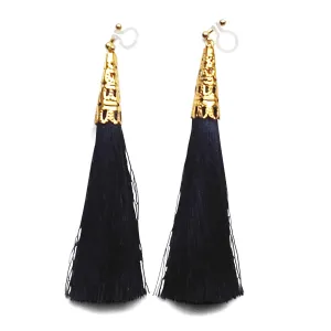 Long Navy Blue Tassel Invisible Clip On Earrings