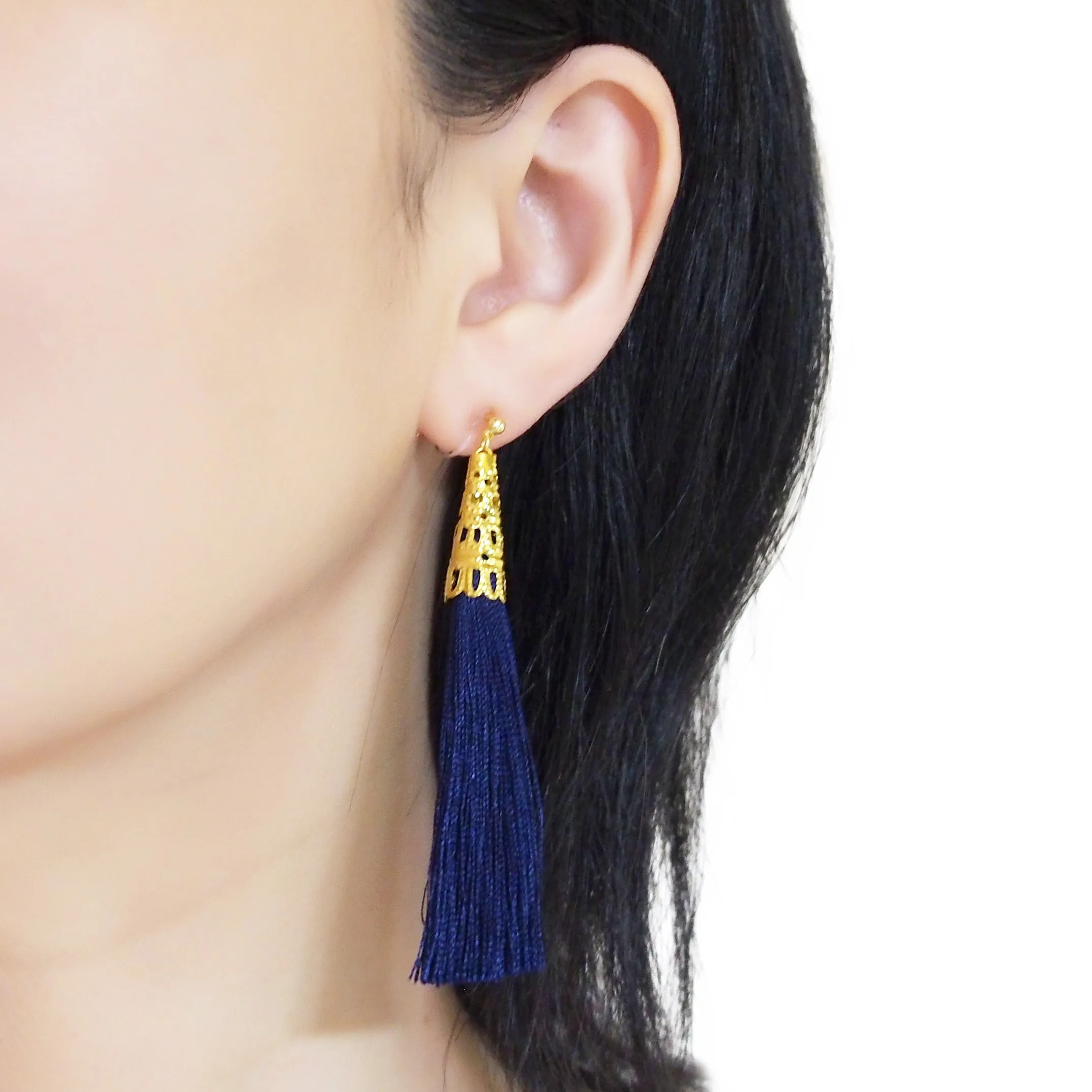 Long Navy Blue Tassel Invisible Clip On Earrings