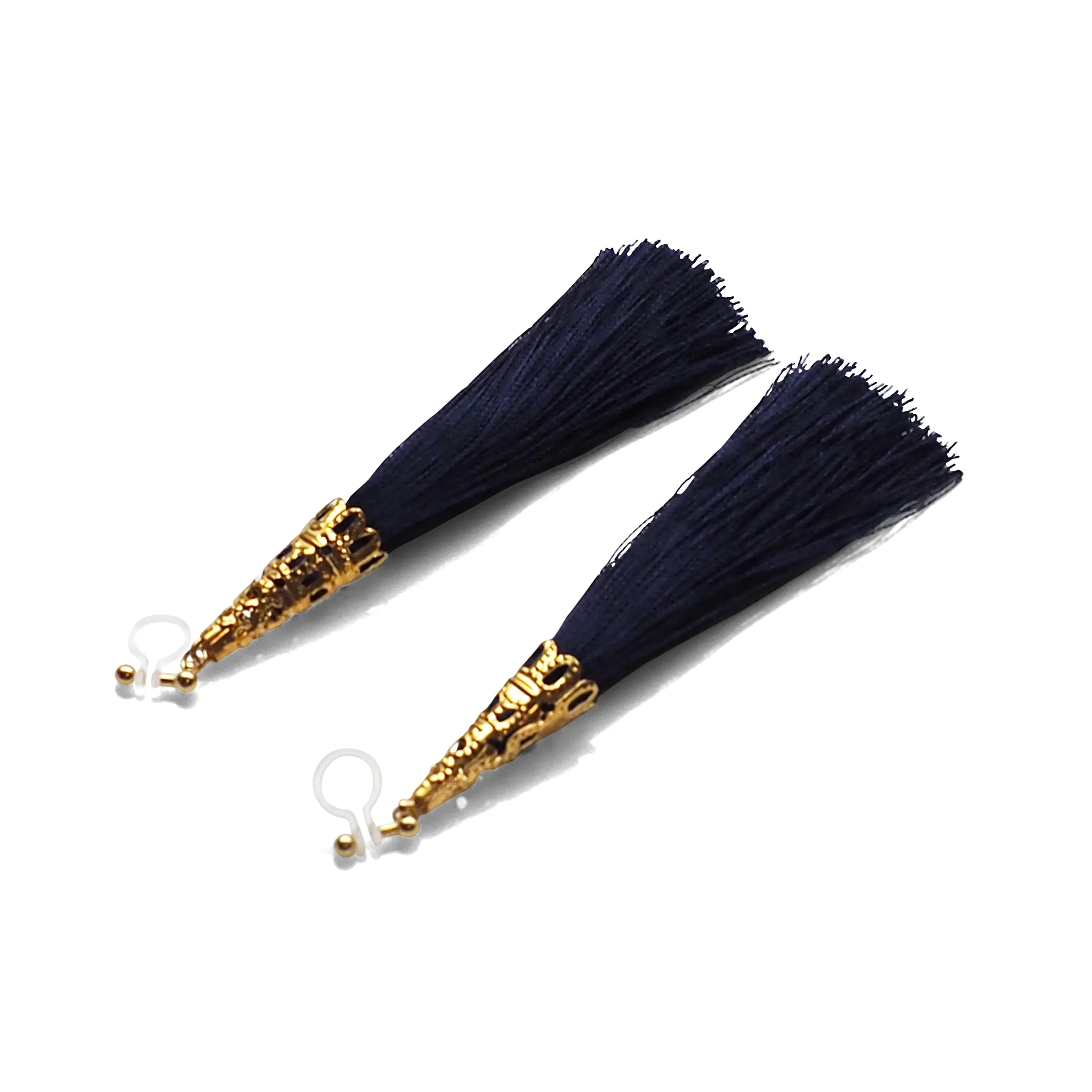 Long Navy Blue Tassel Invisible Clip On Earrings