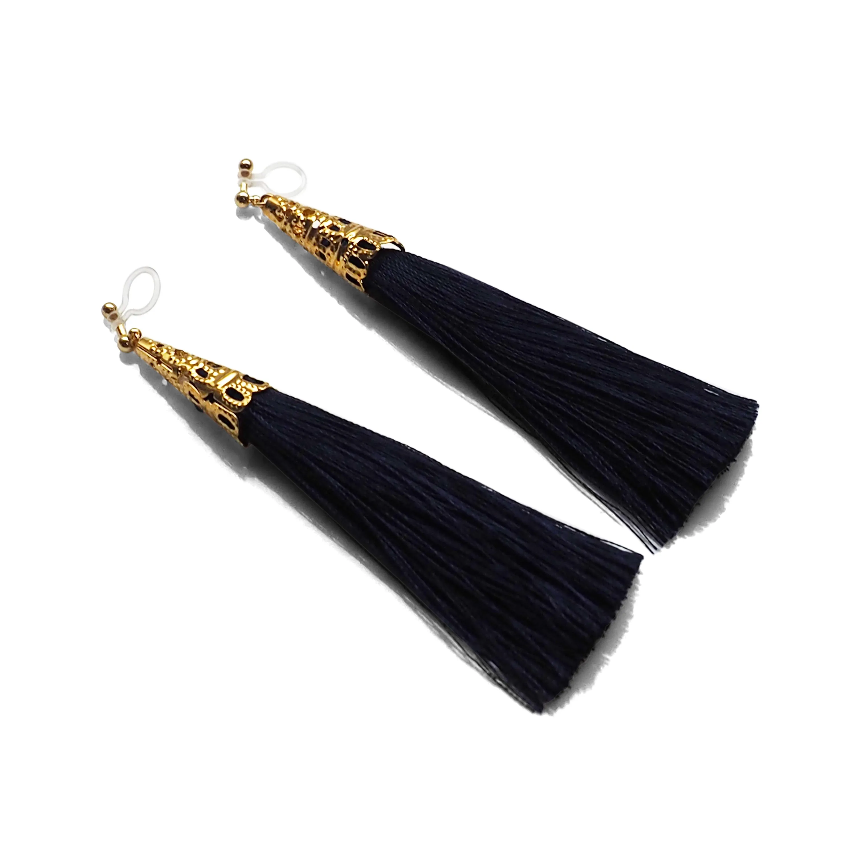 Long Navy Blue Tassel Invisible Clip On Earrings