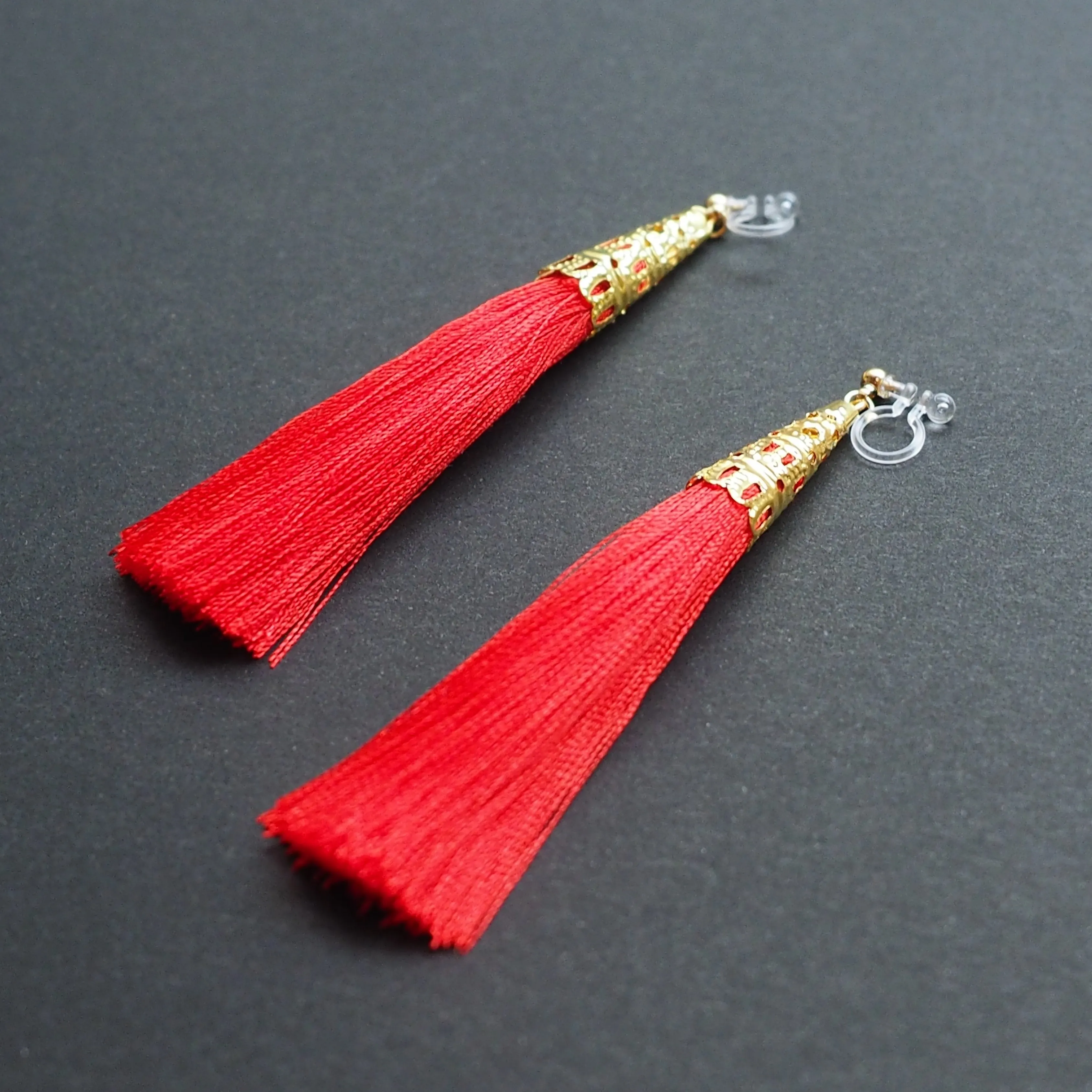 Long Red Tassel Invisible Clip On Earrings