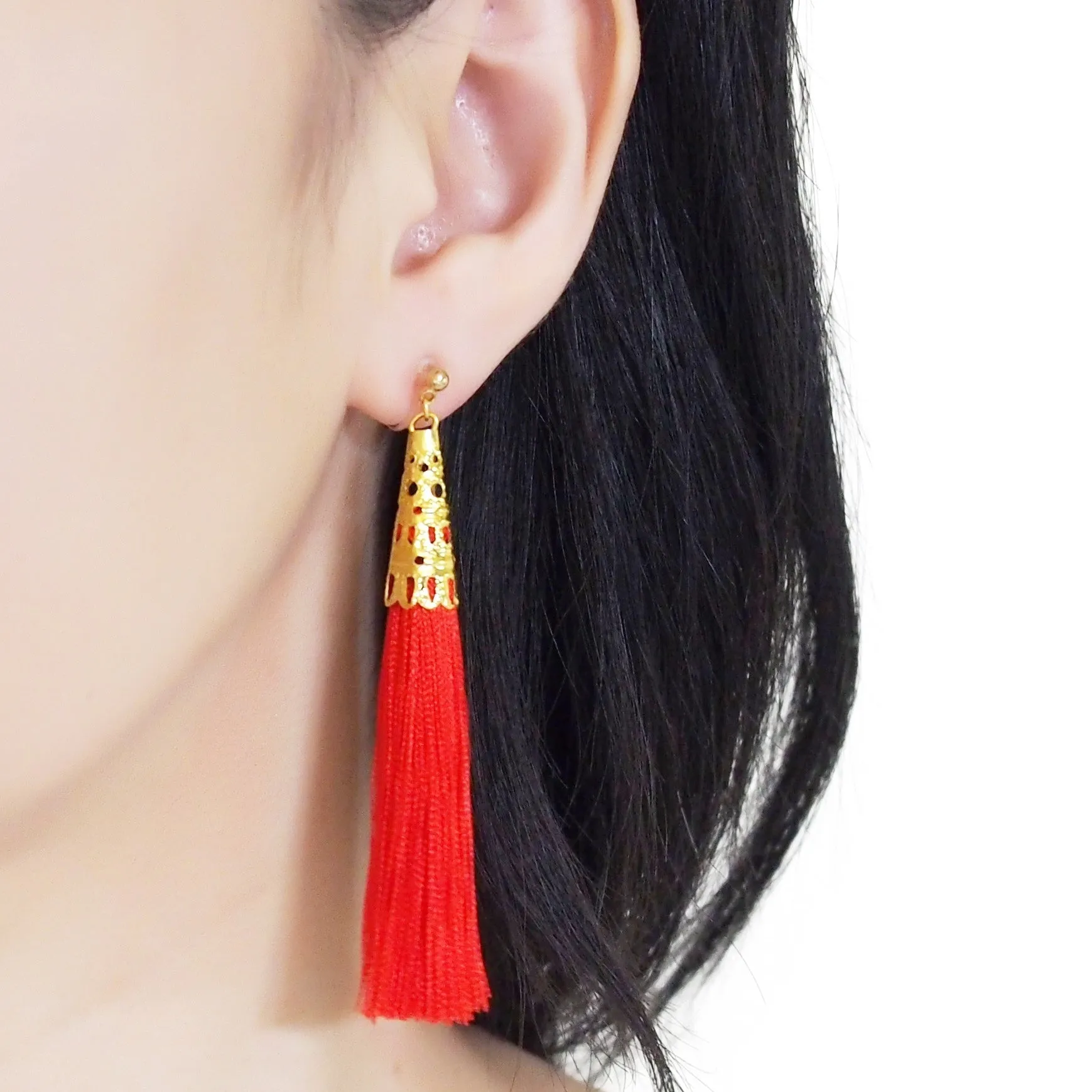 Long Red Tassel Invisible Clip On Earrings