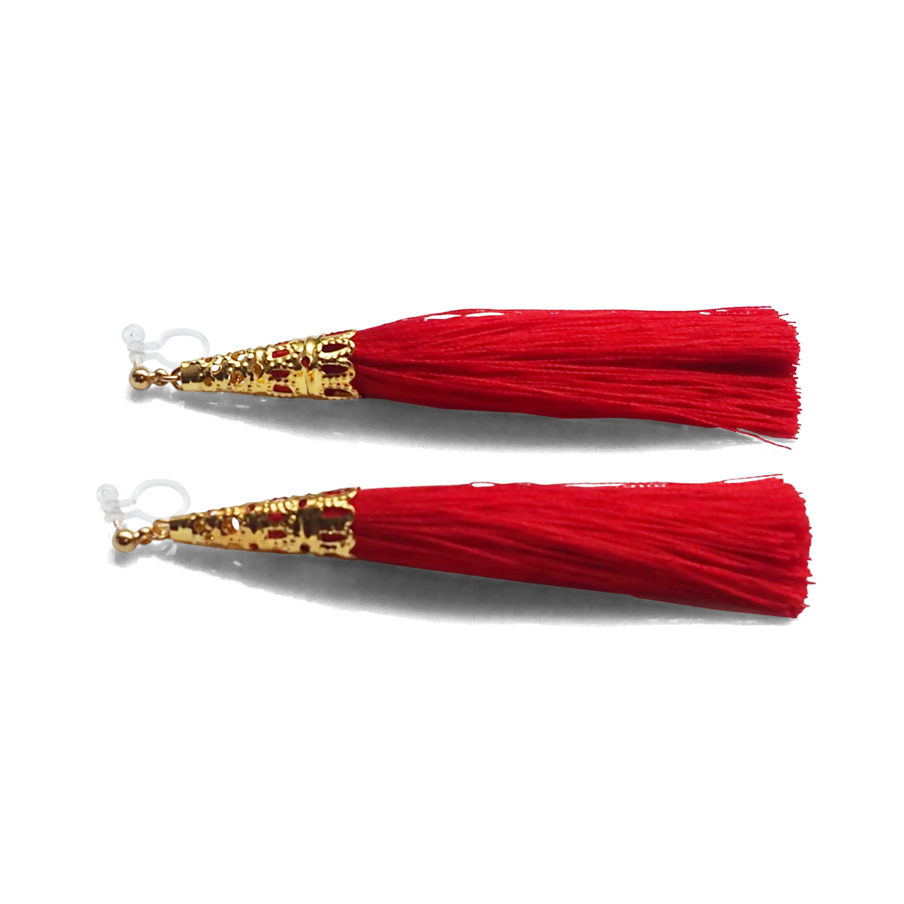 Long Red Tassel Invisible Clip On Earrings