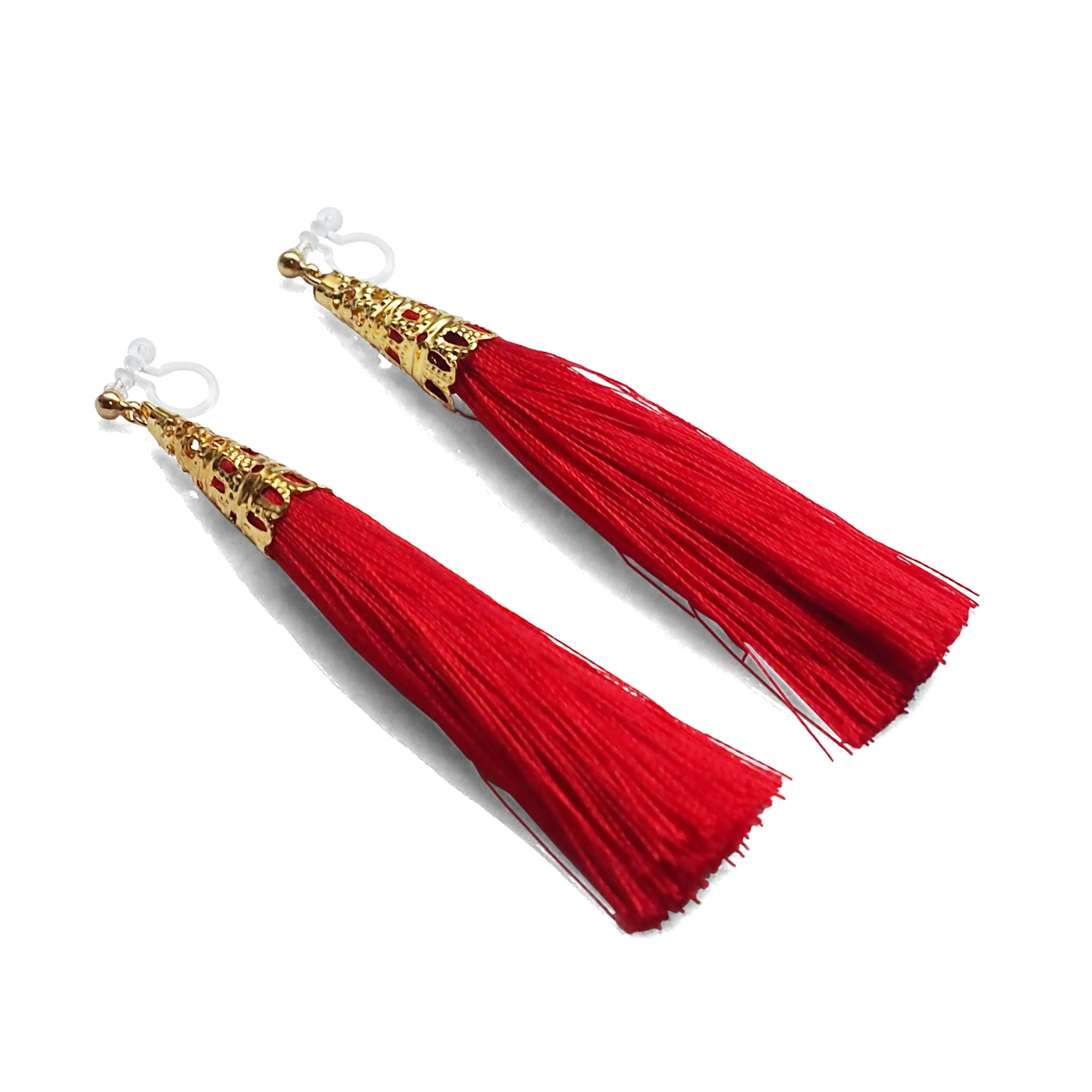 Long Red Tassel Invisible Clip On Earrings