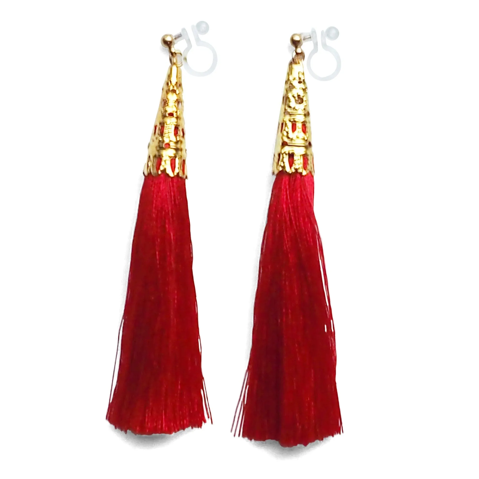 Long Red Tassel Invisible Clip On Earrings