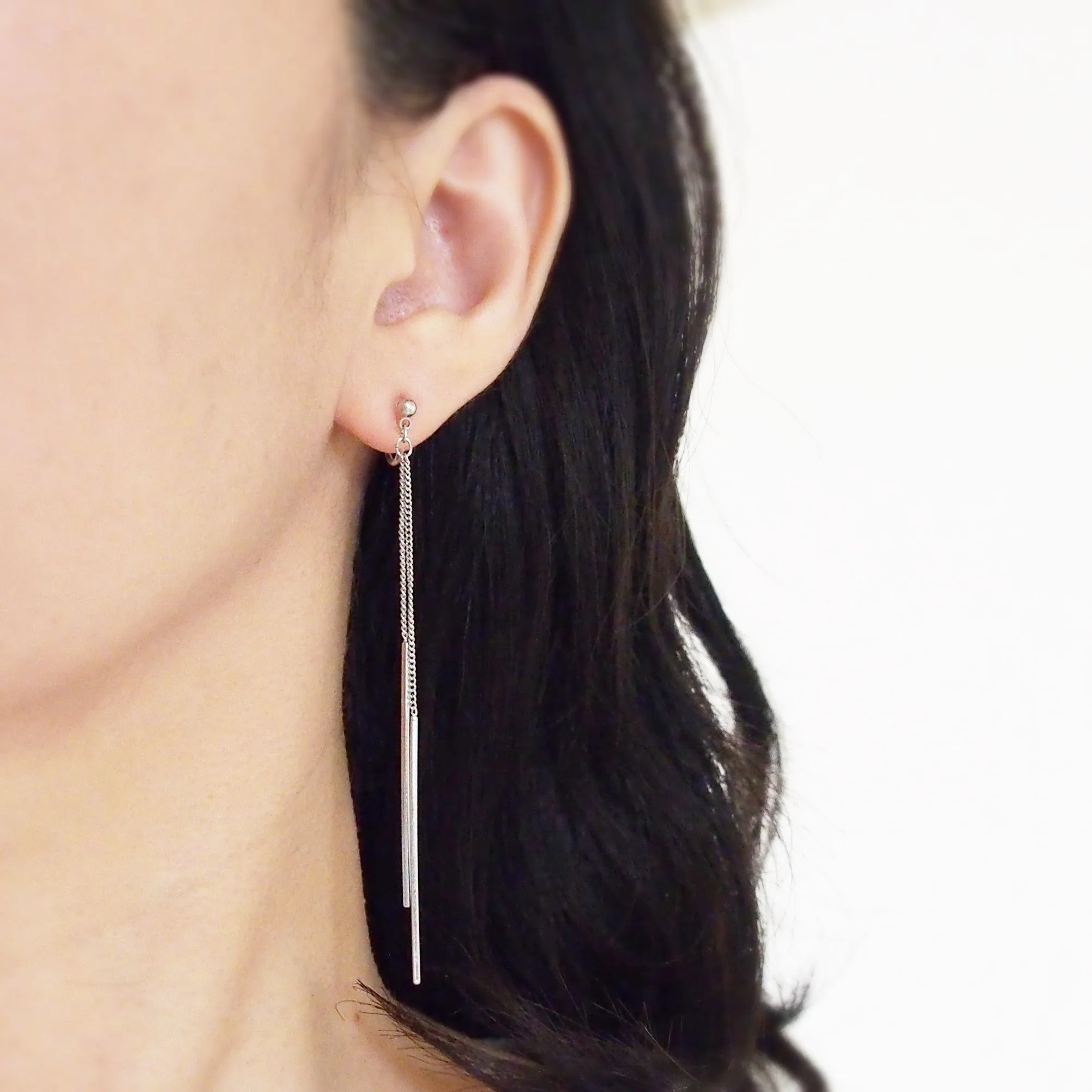 Long silver bar invisible clip on earrings