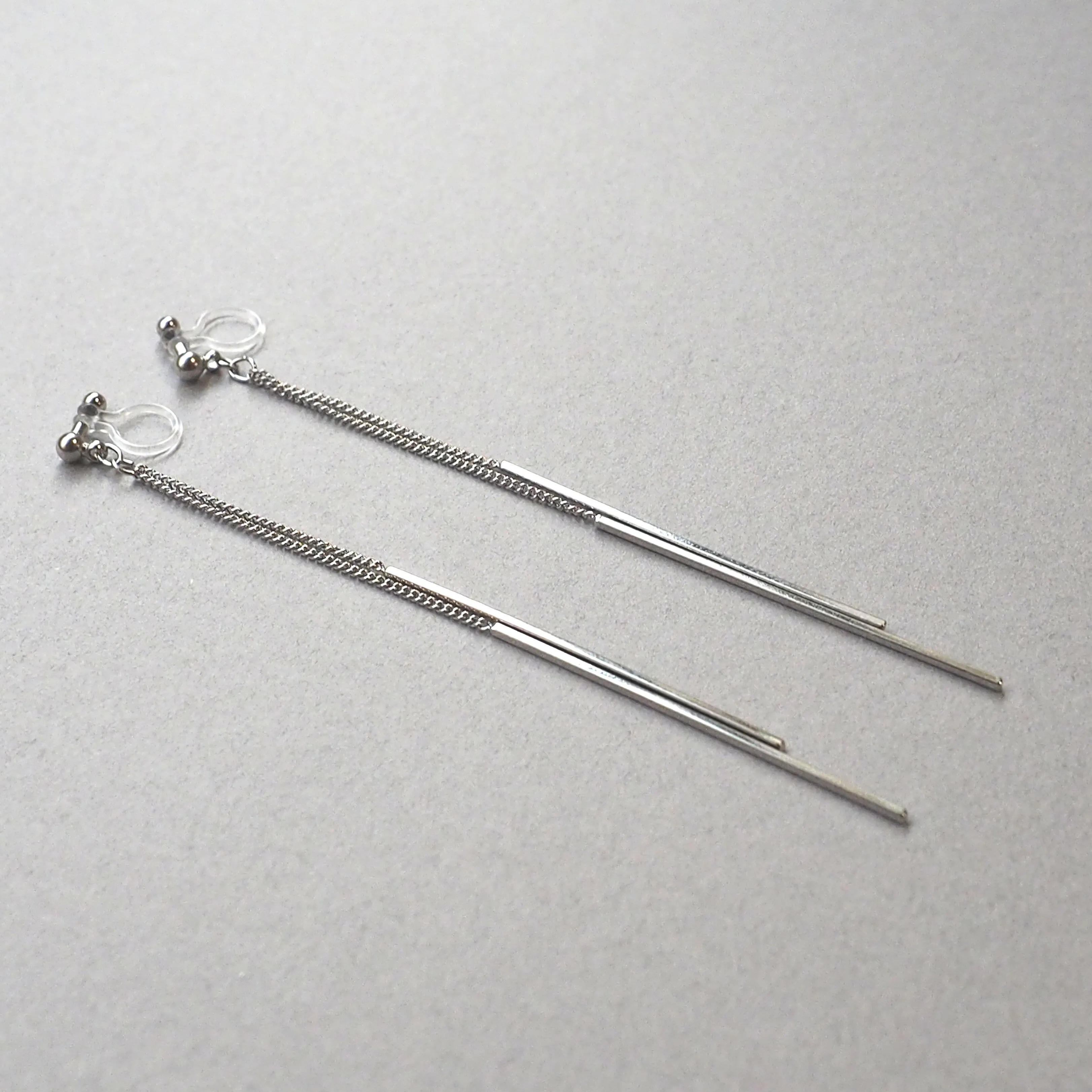 Long silver bar invisible clip on earrings