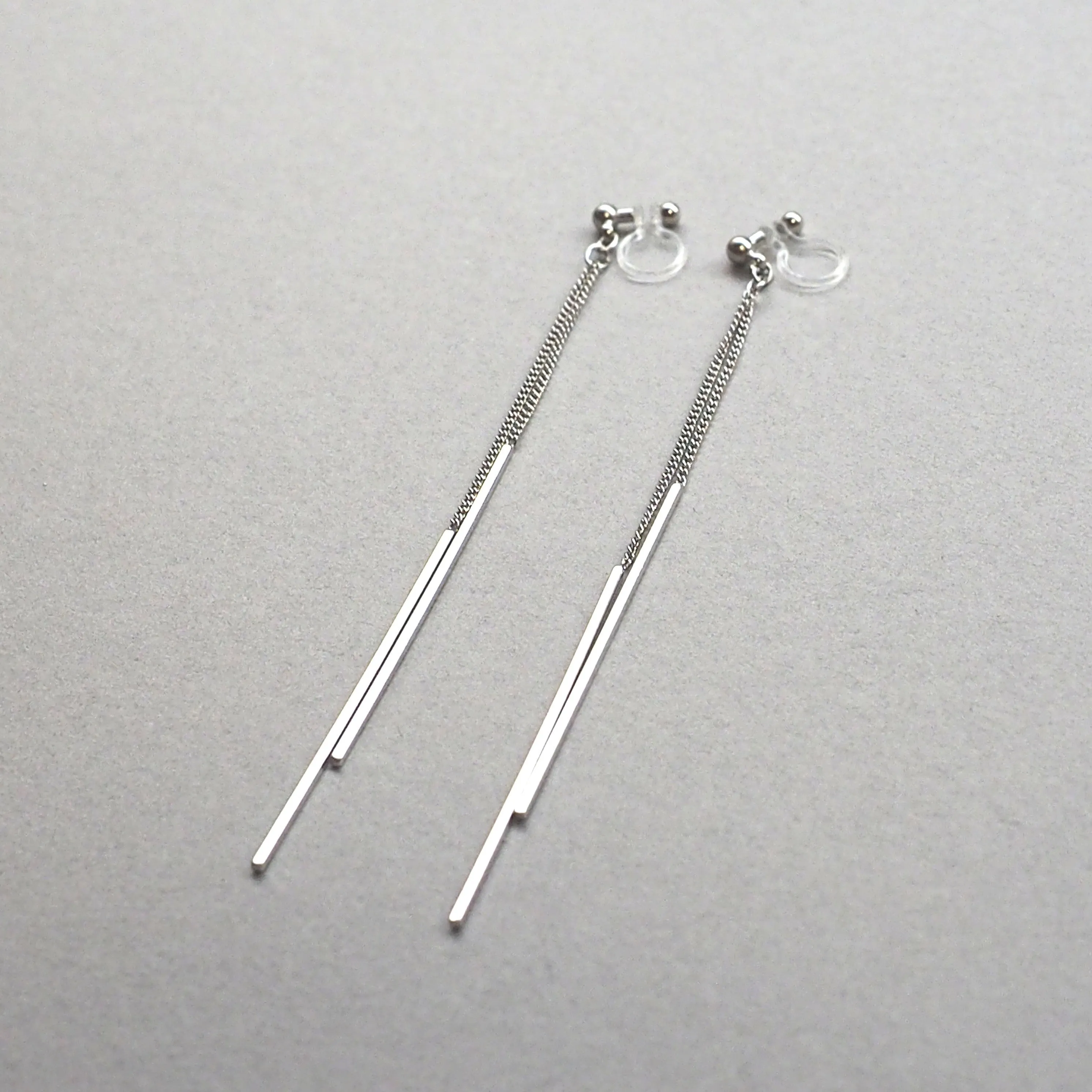 Long silver bar invisible clip on earrings