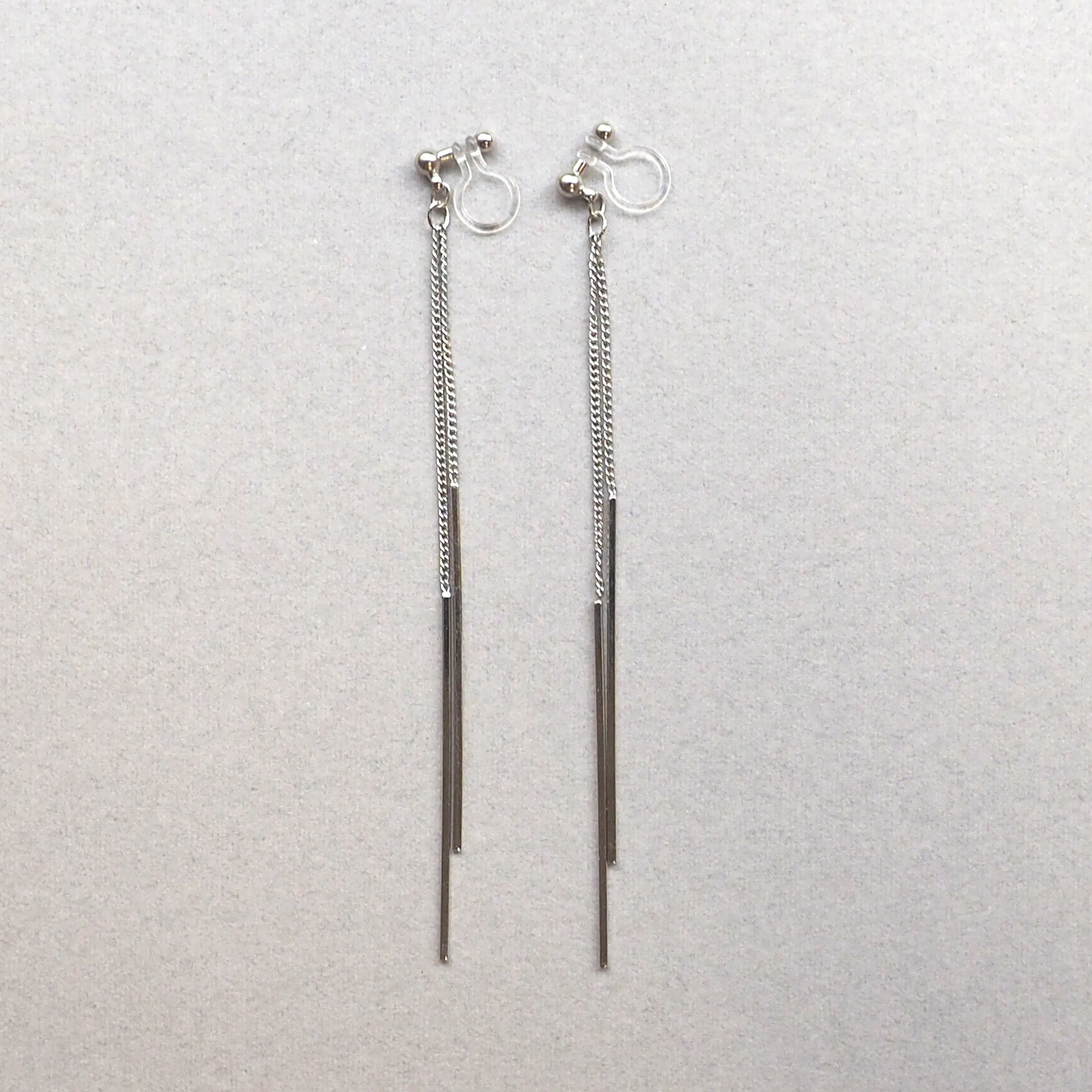 Long silver bar invisible clip on earrings