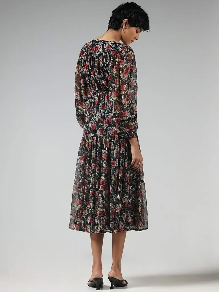 LOV Black Floral Printed Tiered Dress