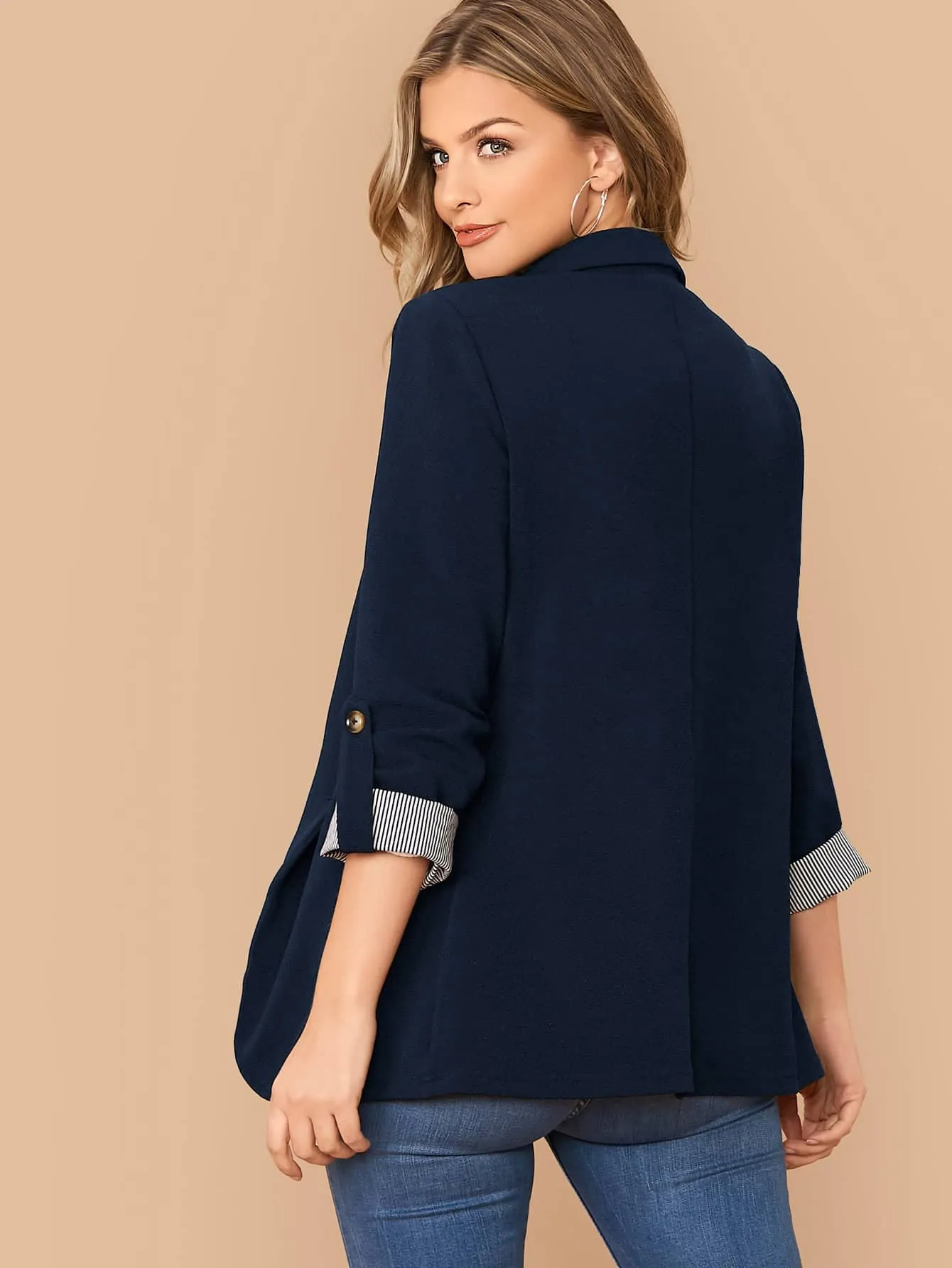 LUNE Notched Collar Roll Tab Sleeve Blazer