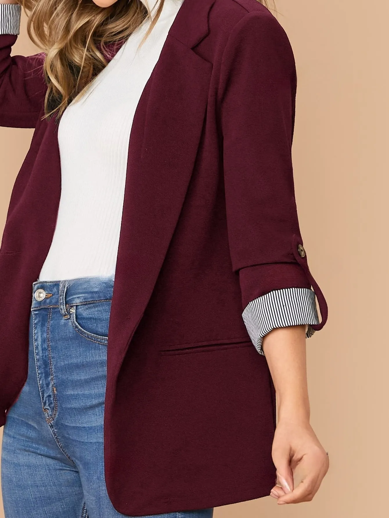 LUNE Notched Collar Roll Tab Sleeve Blazer