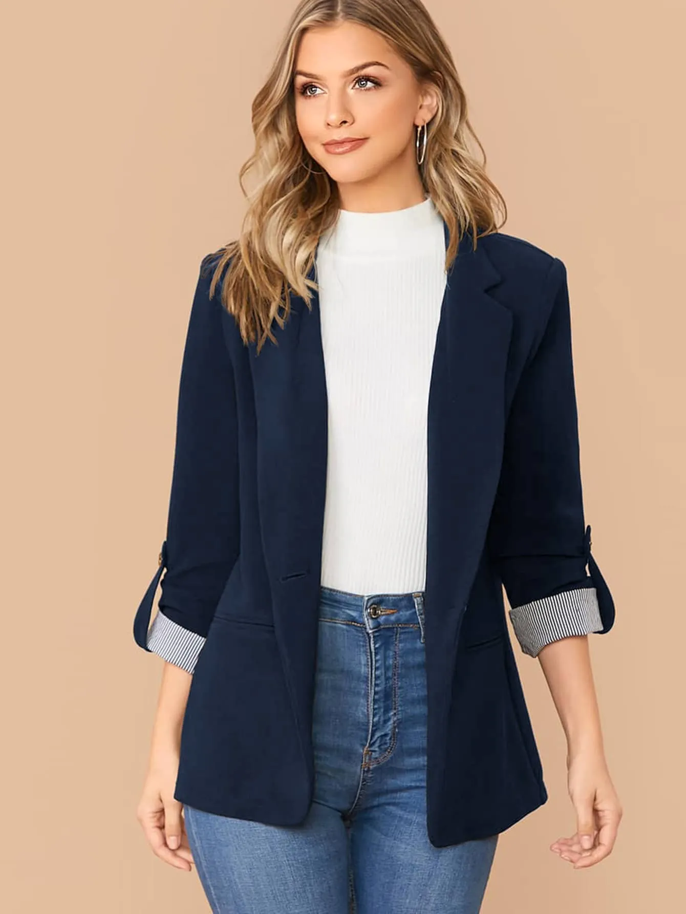 LUNE Notched Collar Roll Tab Sleeve Blazer