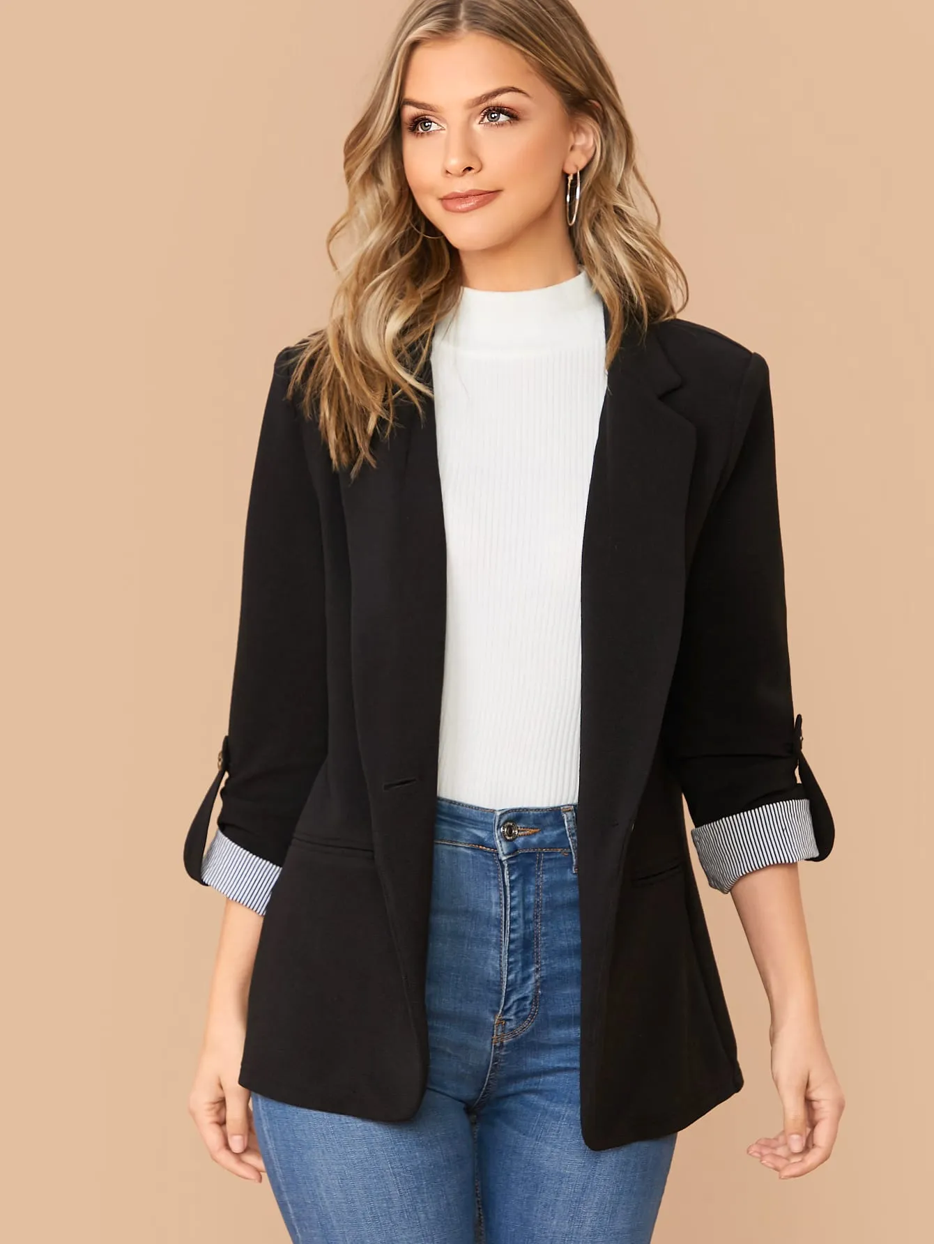 LUNE Notched Collar Roll Tab Sleeve Blazer