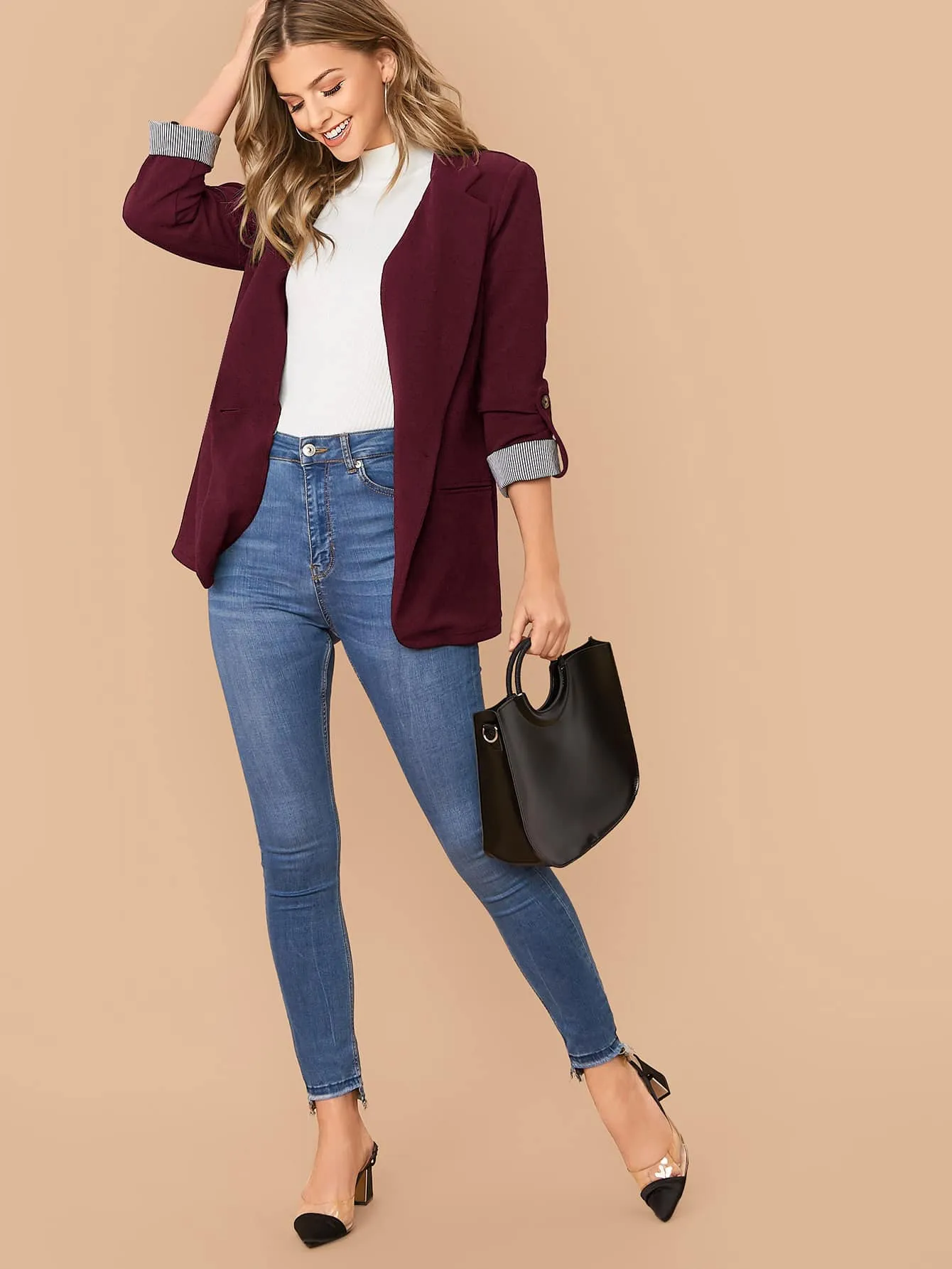 LUNE Notched Collar Roll Tab Sleeve Blazer