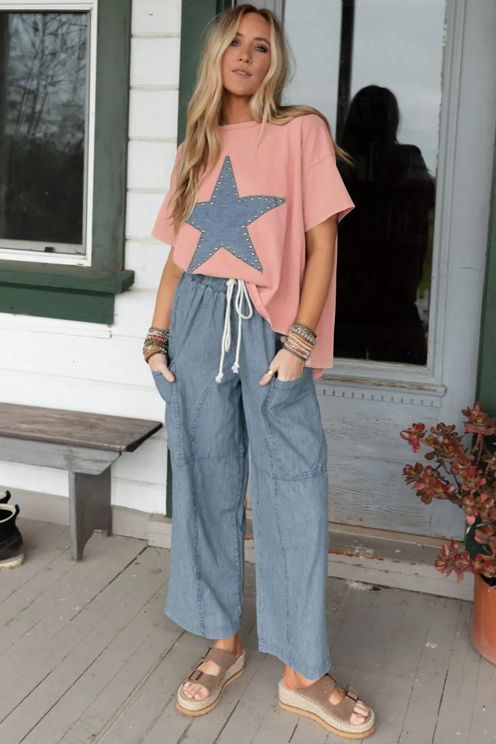 Mineral Wash Studded Star Patch Graphic High Low Tee