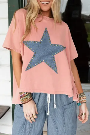 Mineral Wash Studded Star Patch Graphic High Low Tee