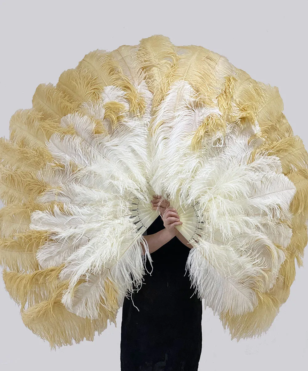 Mixed beige & wheat XL 2 Layer Ostrich Feather Fan 34''x 60'' with Travel leather Bag