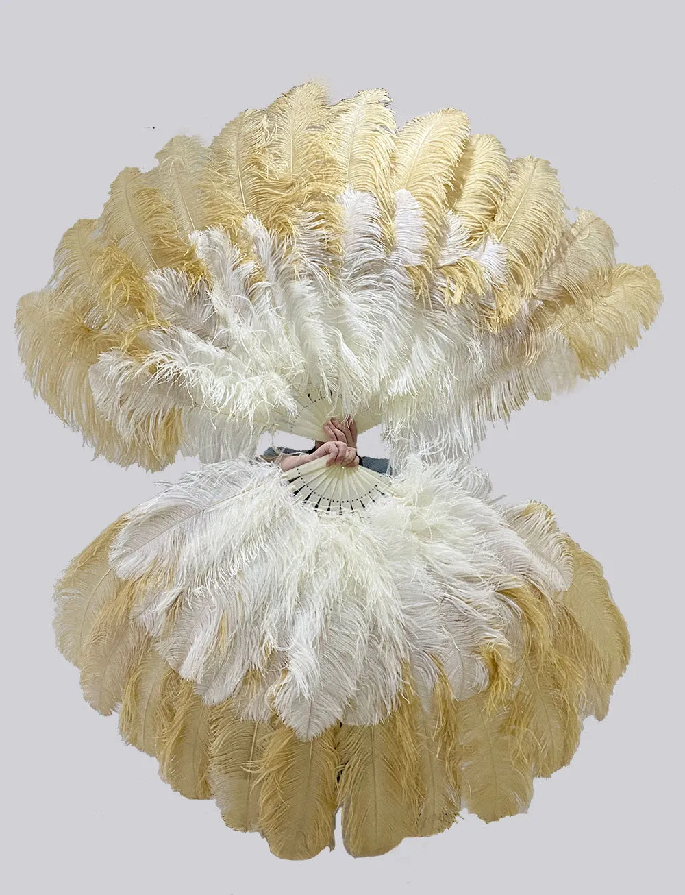 Mixed beige & wheat XL 2 Layer Ostrich Feather Fan 34''x 60'' with Travel leather Bag