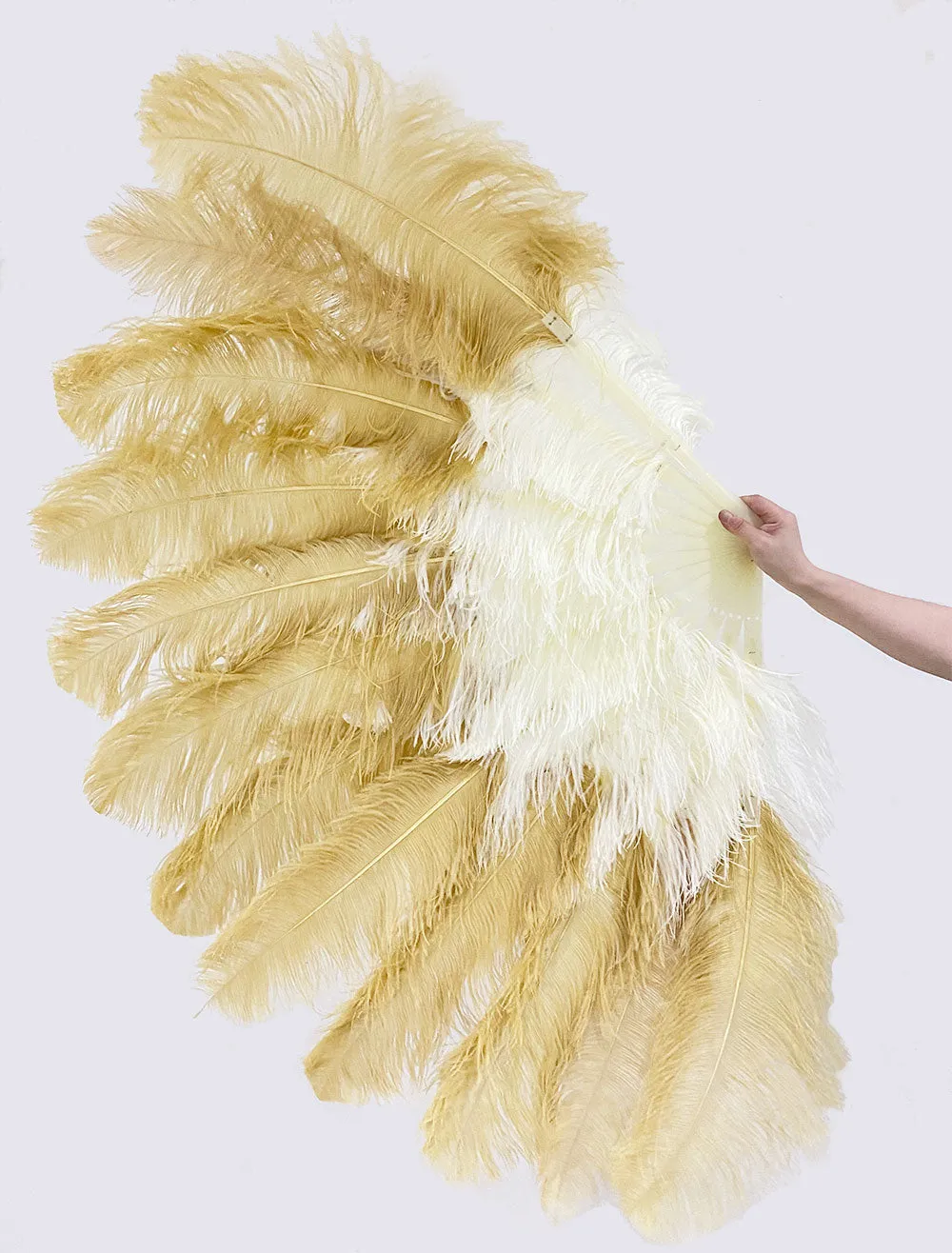 Mixed beige & wheat XL 2 Layer Ostrich Feather Fan 34''x 60'' with Travel leather Bag