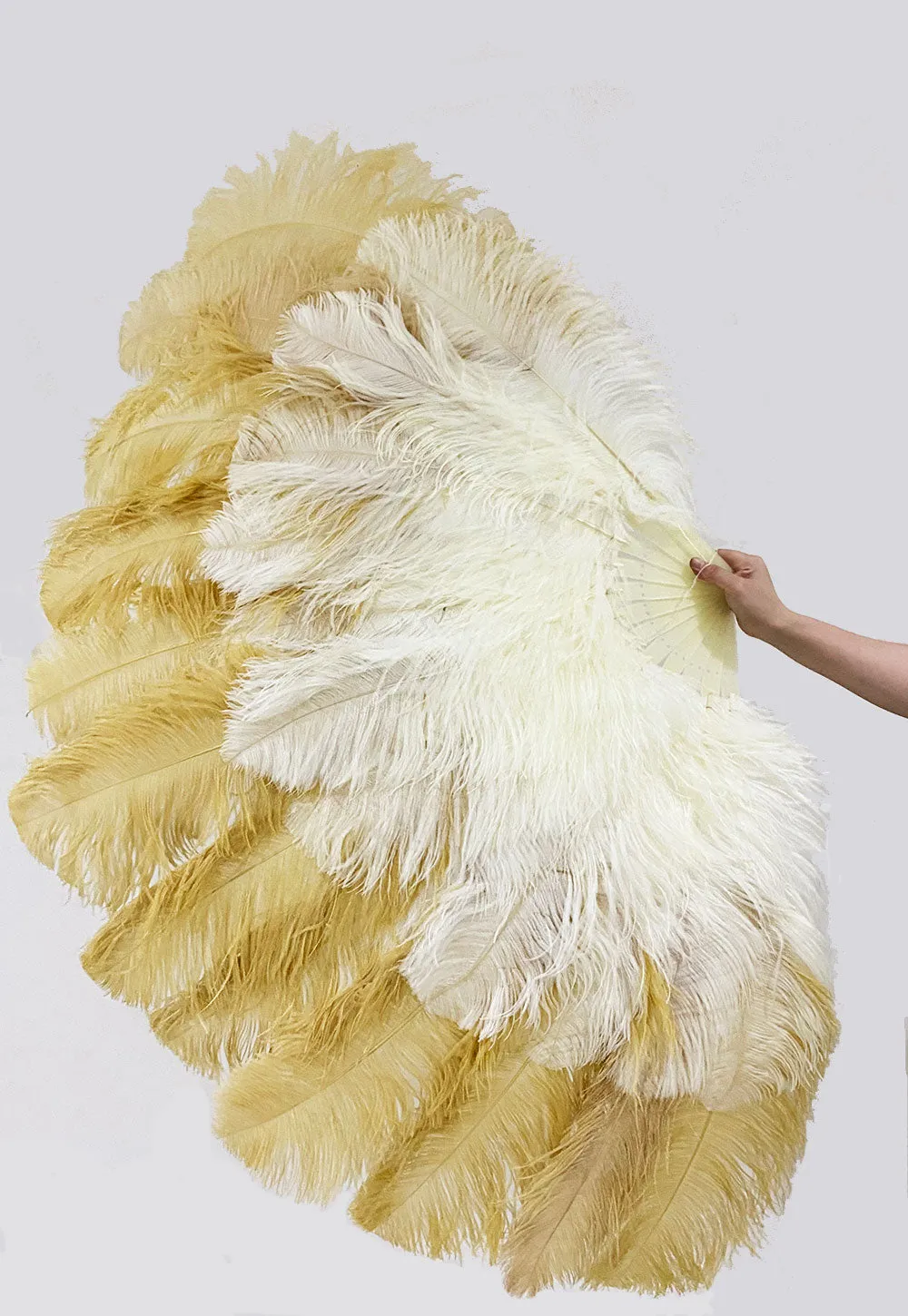 Mixed beige & wheat XL 2 Layer Ostrich Feather Fan 34''x 60'' with Travel leather Bag