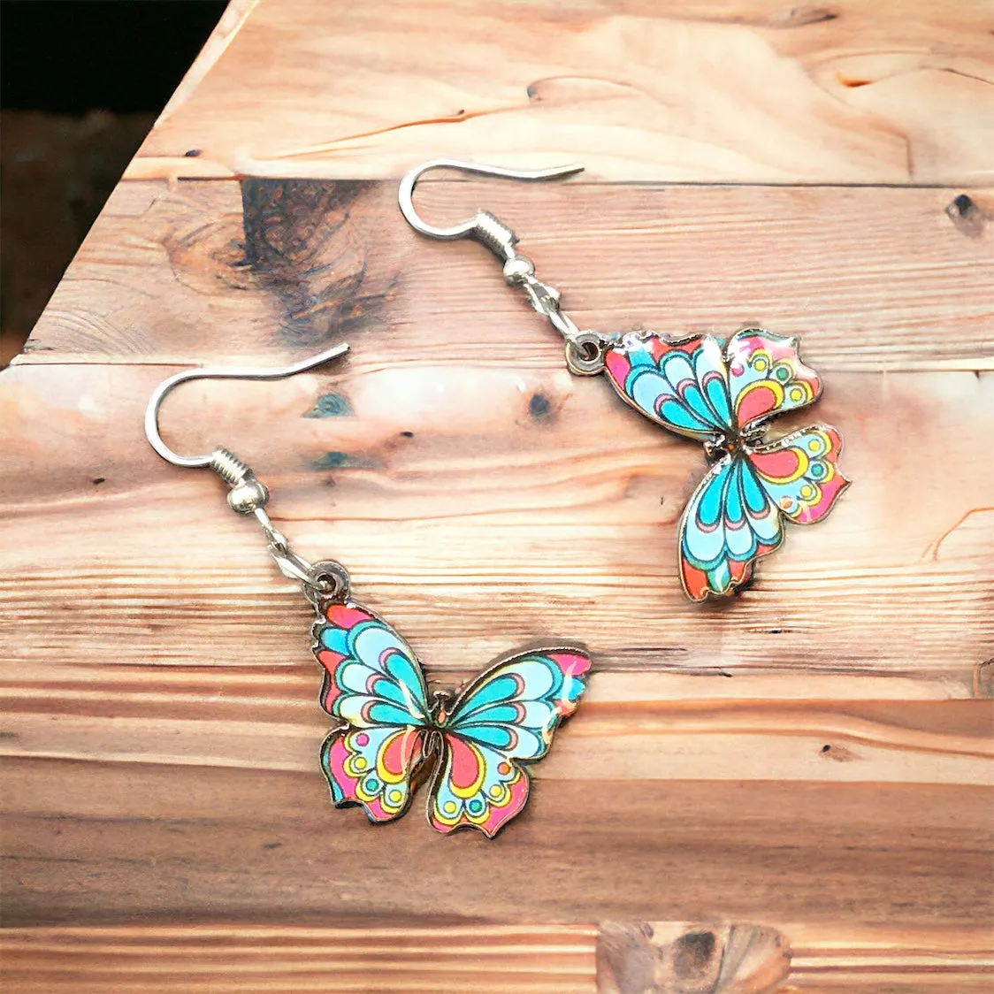 OLDTRIBES™ Painted Pink and Turquoise Butterfly Wood Earrings