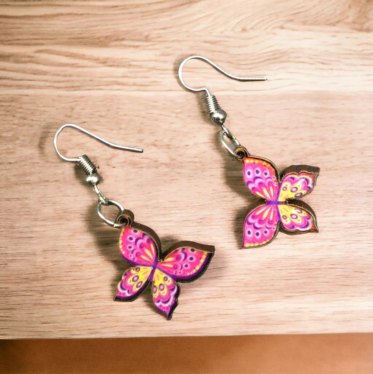 OLDTRIBES™ Painted Pink Butterfly Wood Earrings