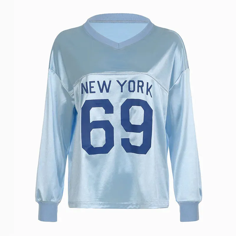 Oversized Graphic T Shirts Blue Satin V Neck Long Sleeve Tees 2000s Clothes Y2k Streetwear Tops Women 2024 P67-CZ27