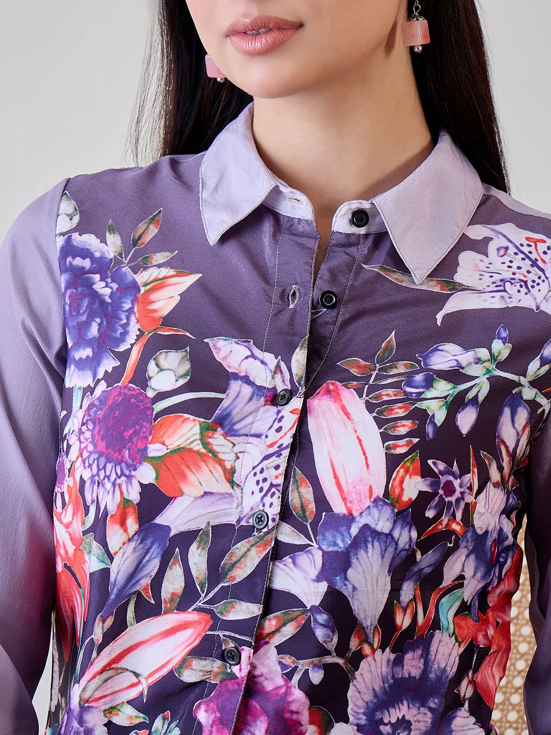 Purple Painted Printed Crepe Button Down Shirt