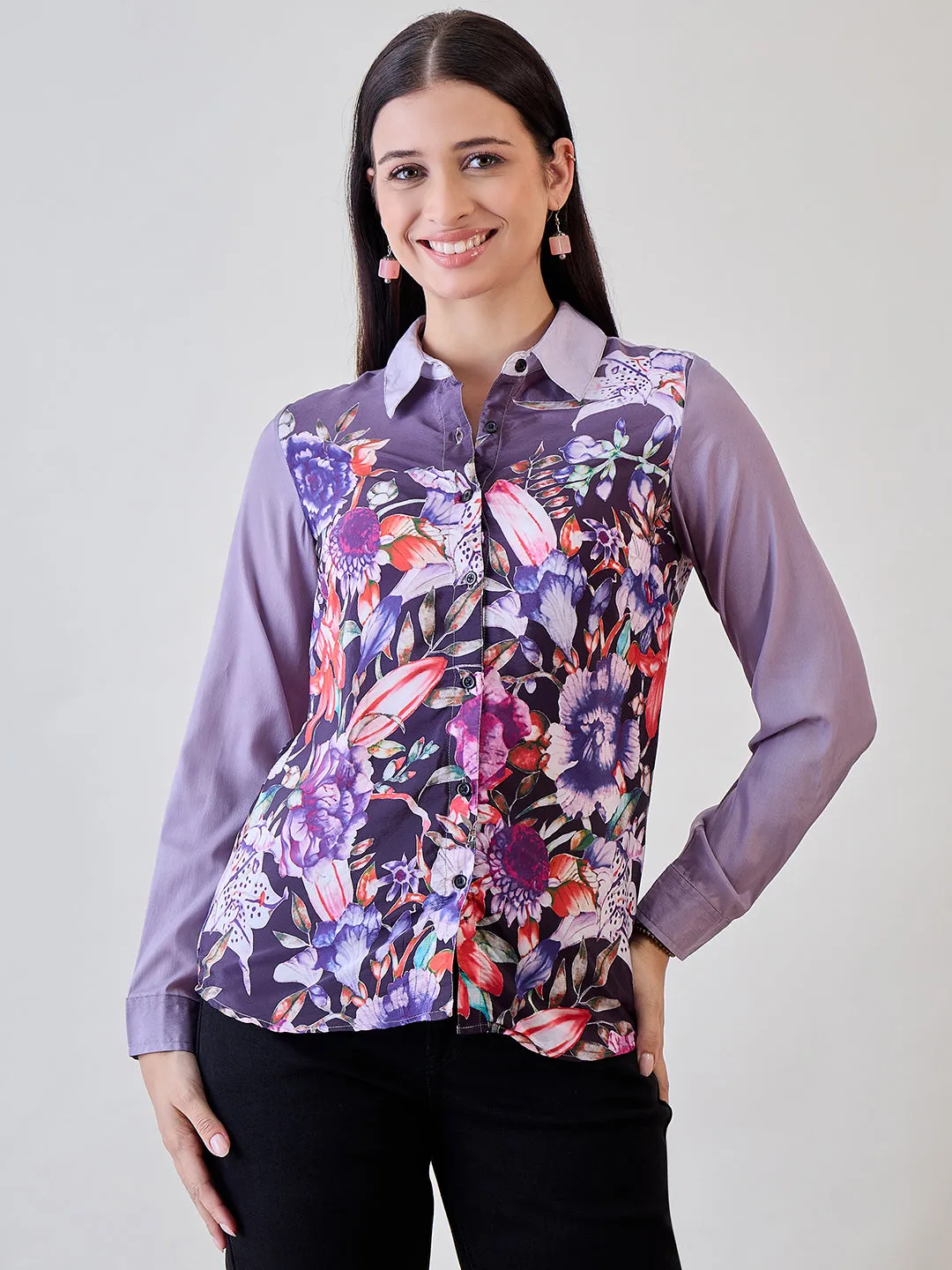 Purple Painted Printed Crepe Button Down Shirt