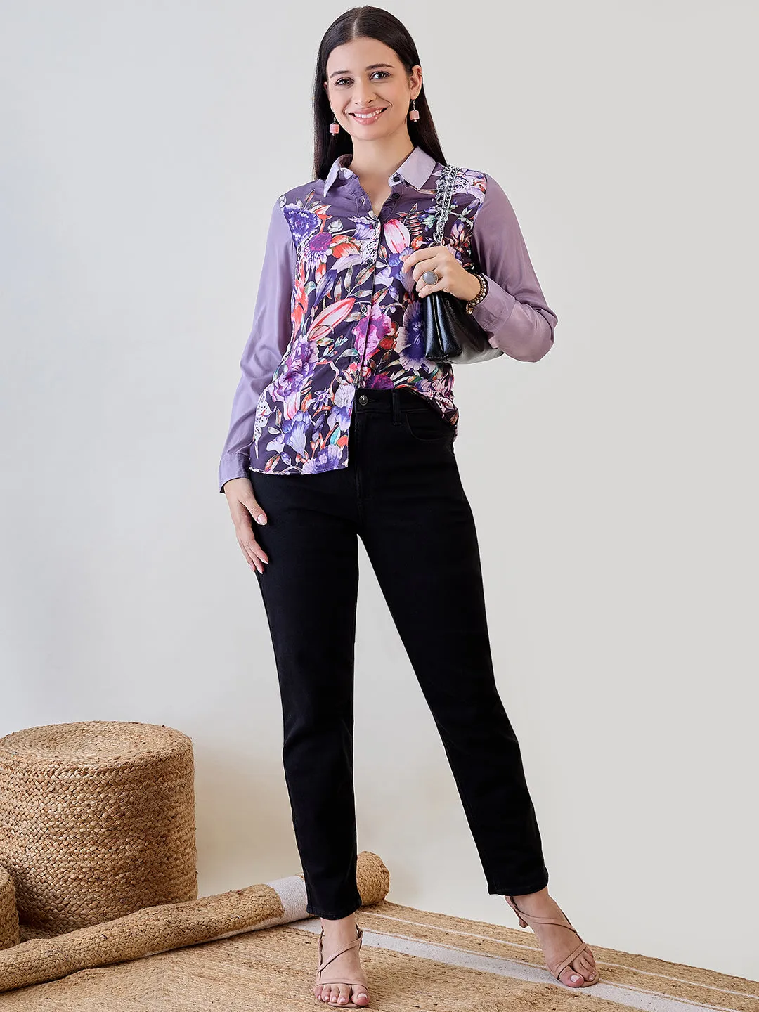 Purple Painted Printed Crepe Button Down Shirt