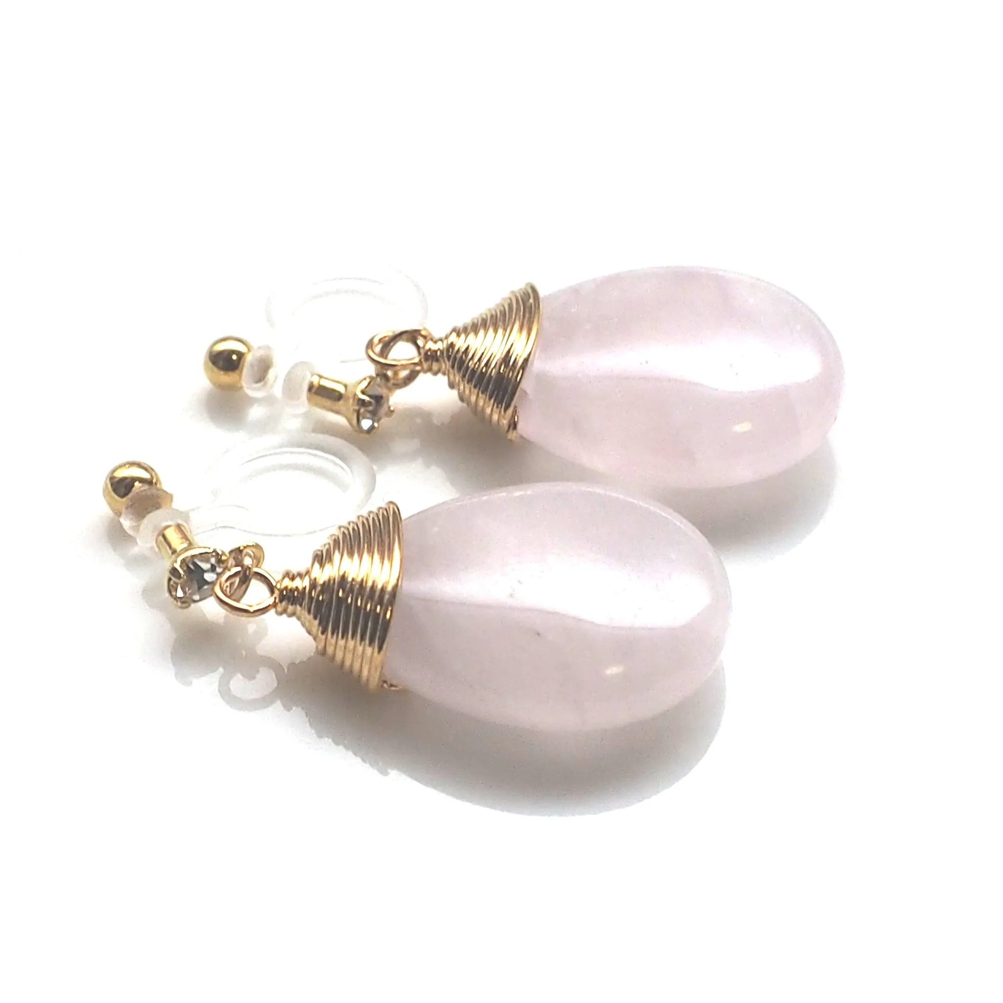 Rose quartz invisible clip on earrings