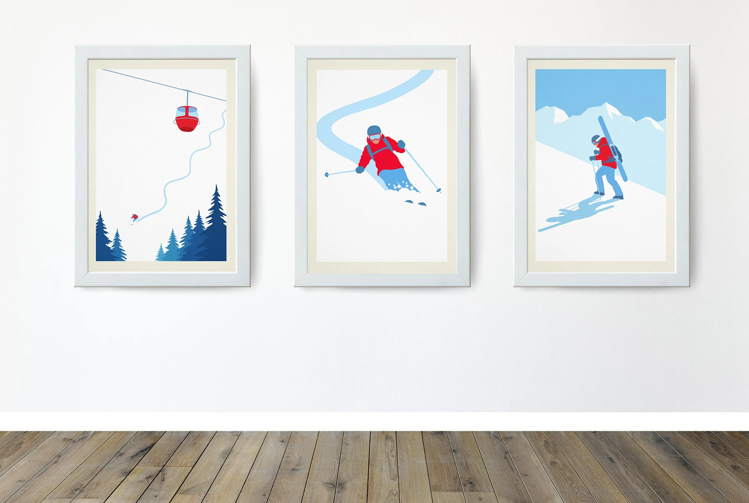 Set of 3 unframed minimalistic ski prints, Set of 3 unframed ski posters