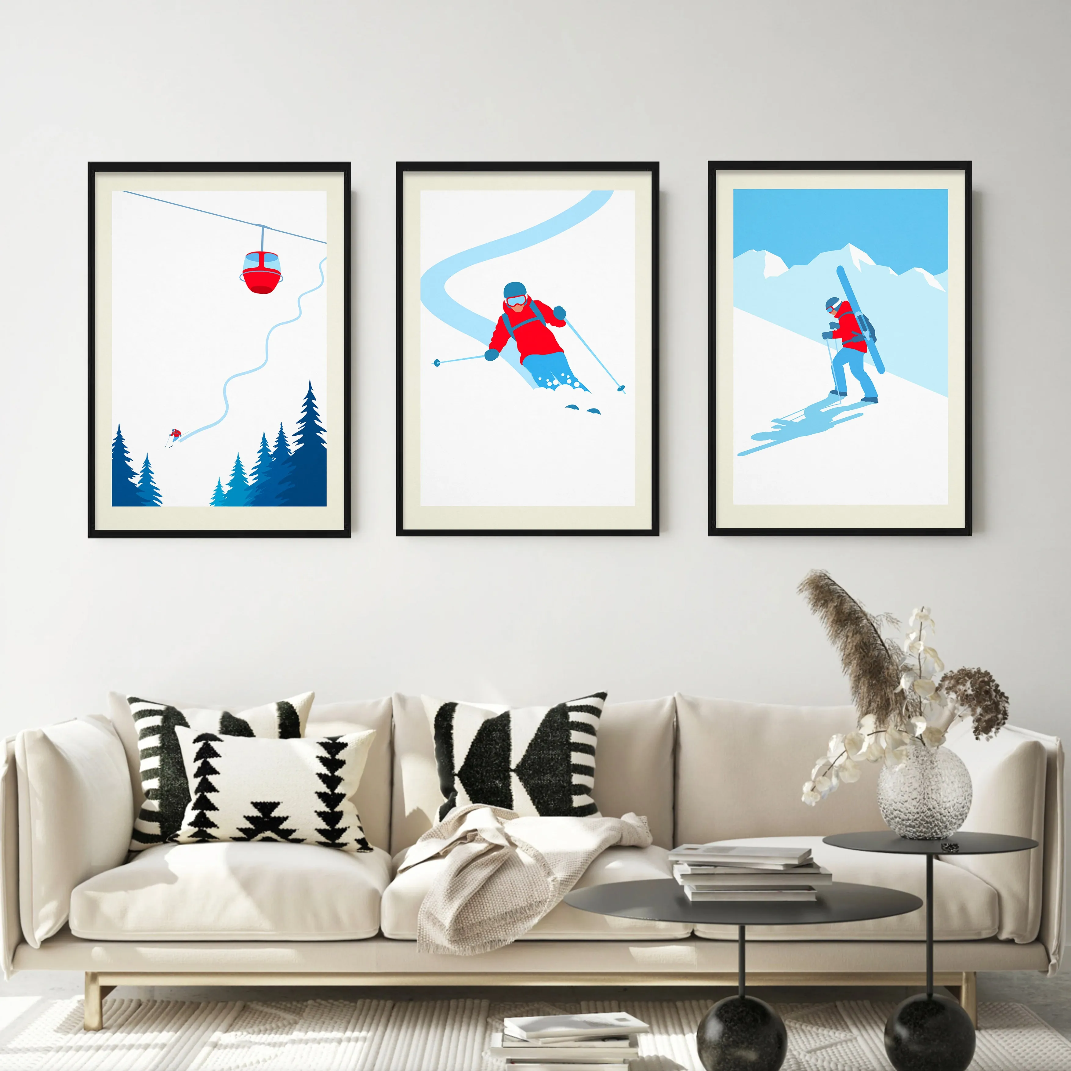 Set of 3 unframed minimalistic ski prints, Set of 3 unframed ski posters