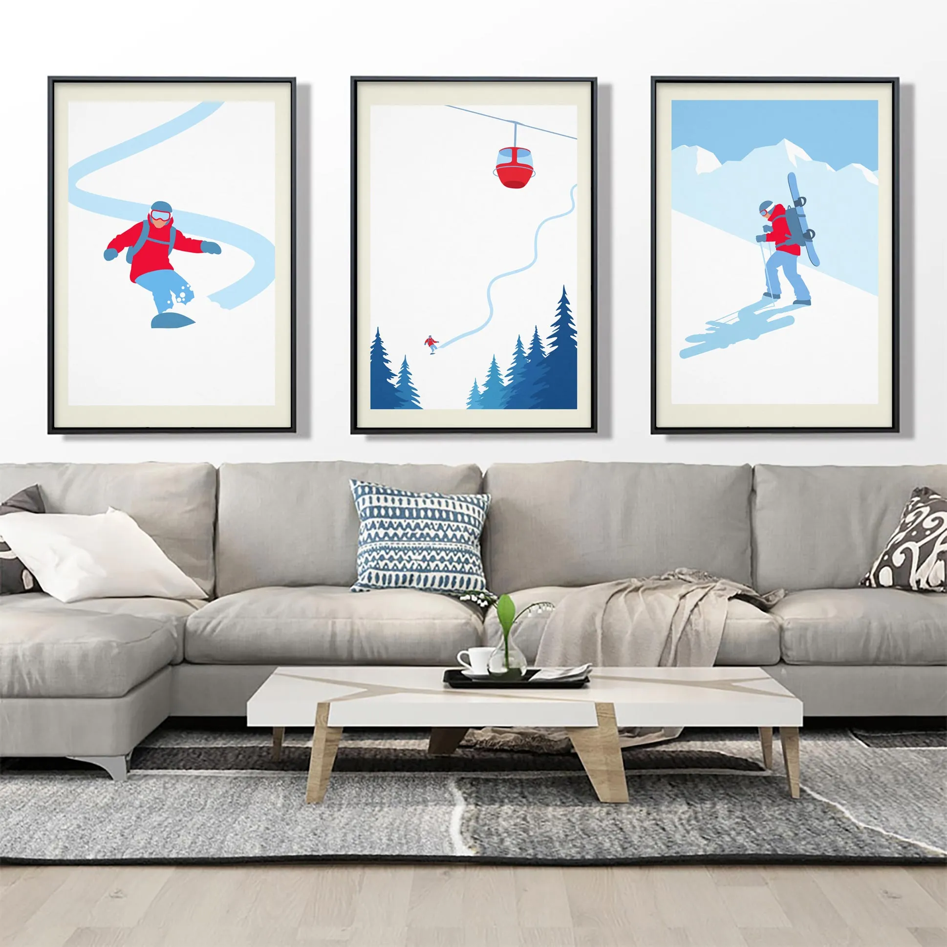 Set of 3 unframed minimalistic snowboard prints, Set of 3 unframed snowboard posters