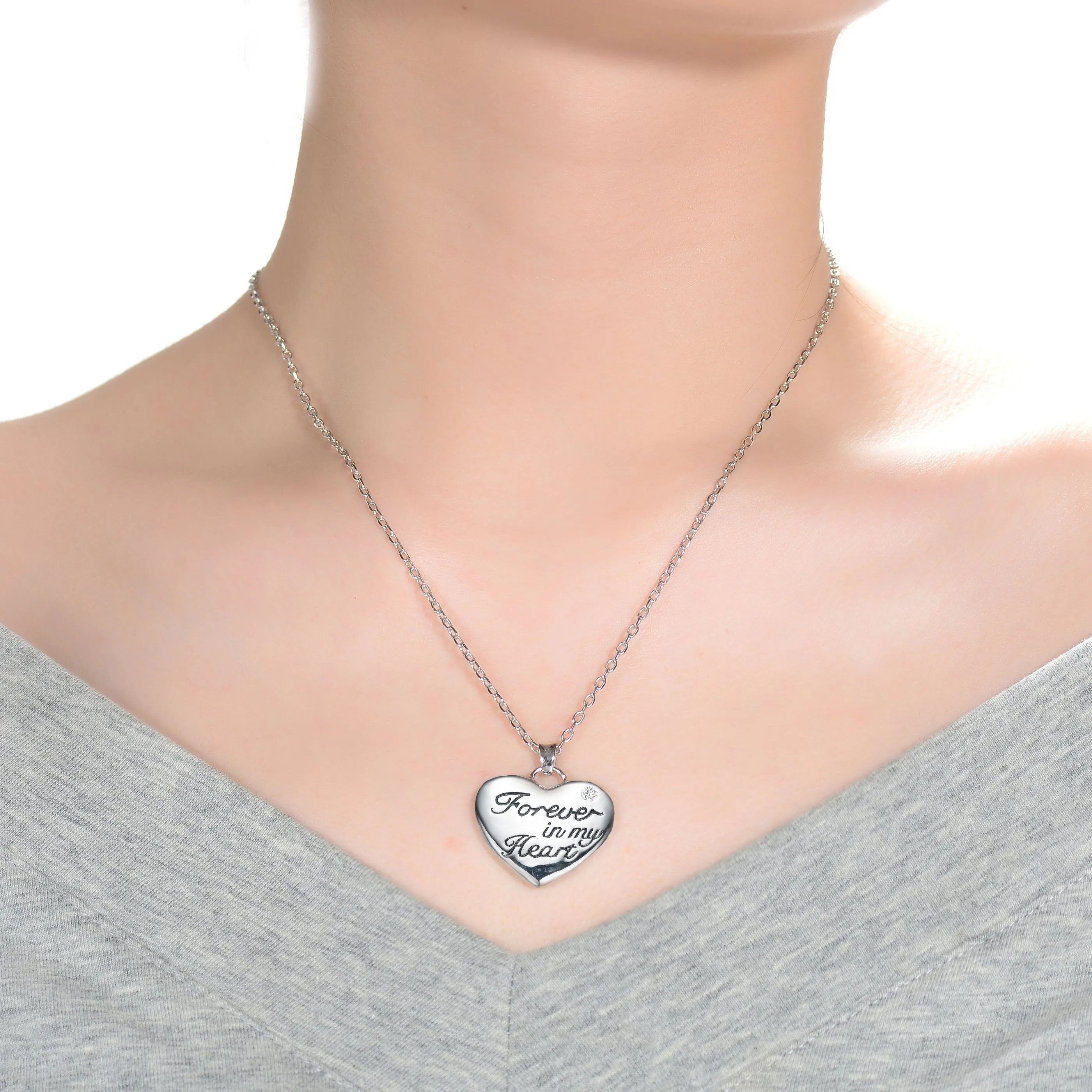 Sterling Silver with Rhodium Plated Clear Round Cubic Zirconia Accent "Forever in my Heart" Necklace