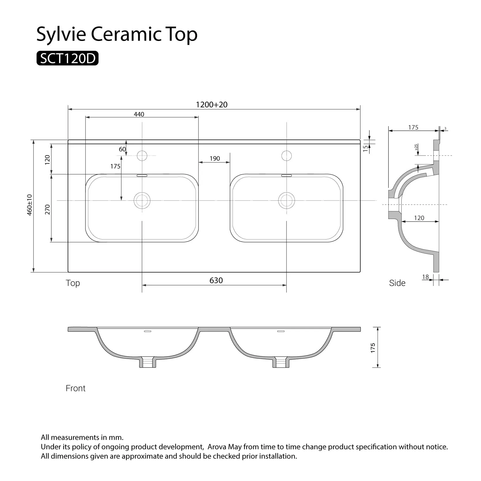 Sylvie 1200mm Full Depth Ceramic Vanity Top Double Bowl