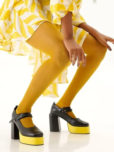 THE QUIRKY NAARI Black Mary Jane Platforms with A Hint of Sunny Yellow | Black | 4 UK