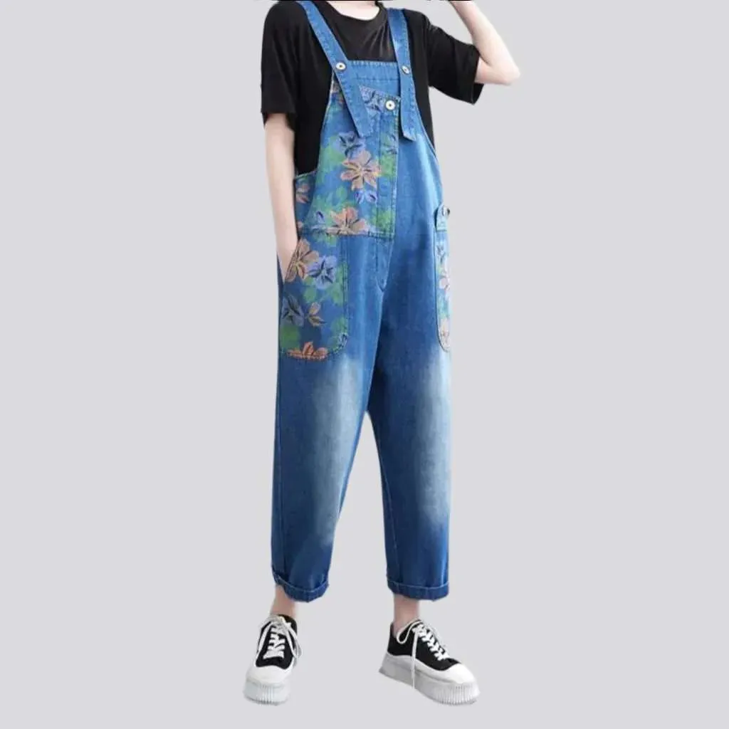 Trendy baggy painted denim overall for ladies