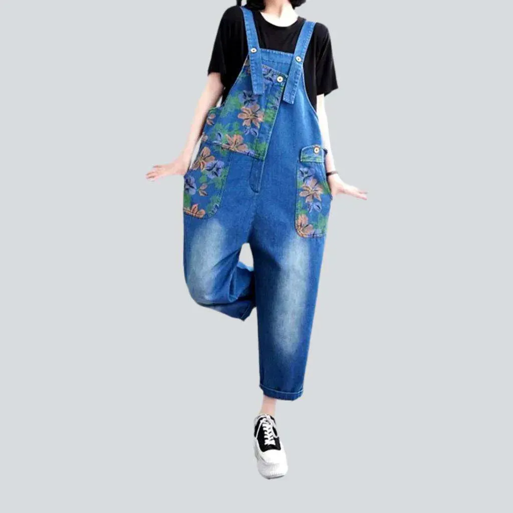 Trendy baggy painted denim overall for ladies