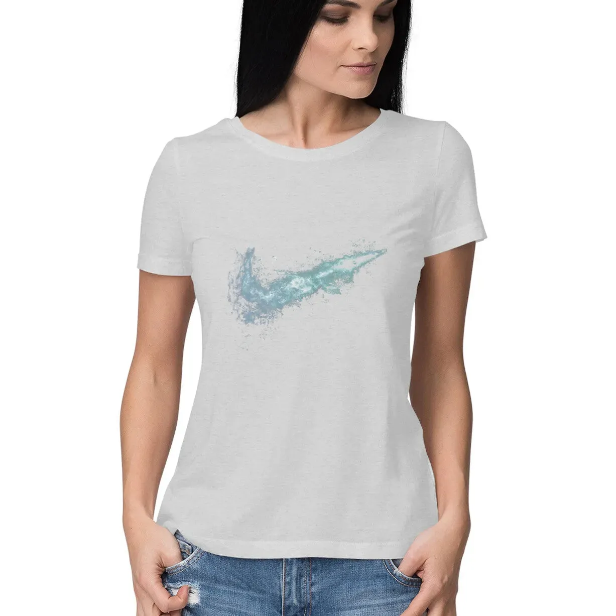 Water Swoosh Tick Graphic Print Half Sleeve Cotton T-Shirt for Women