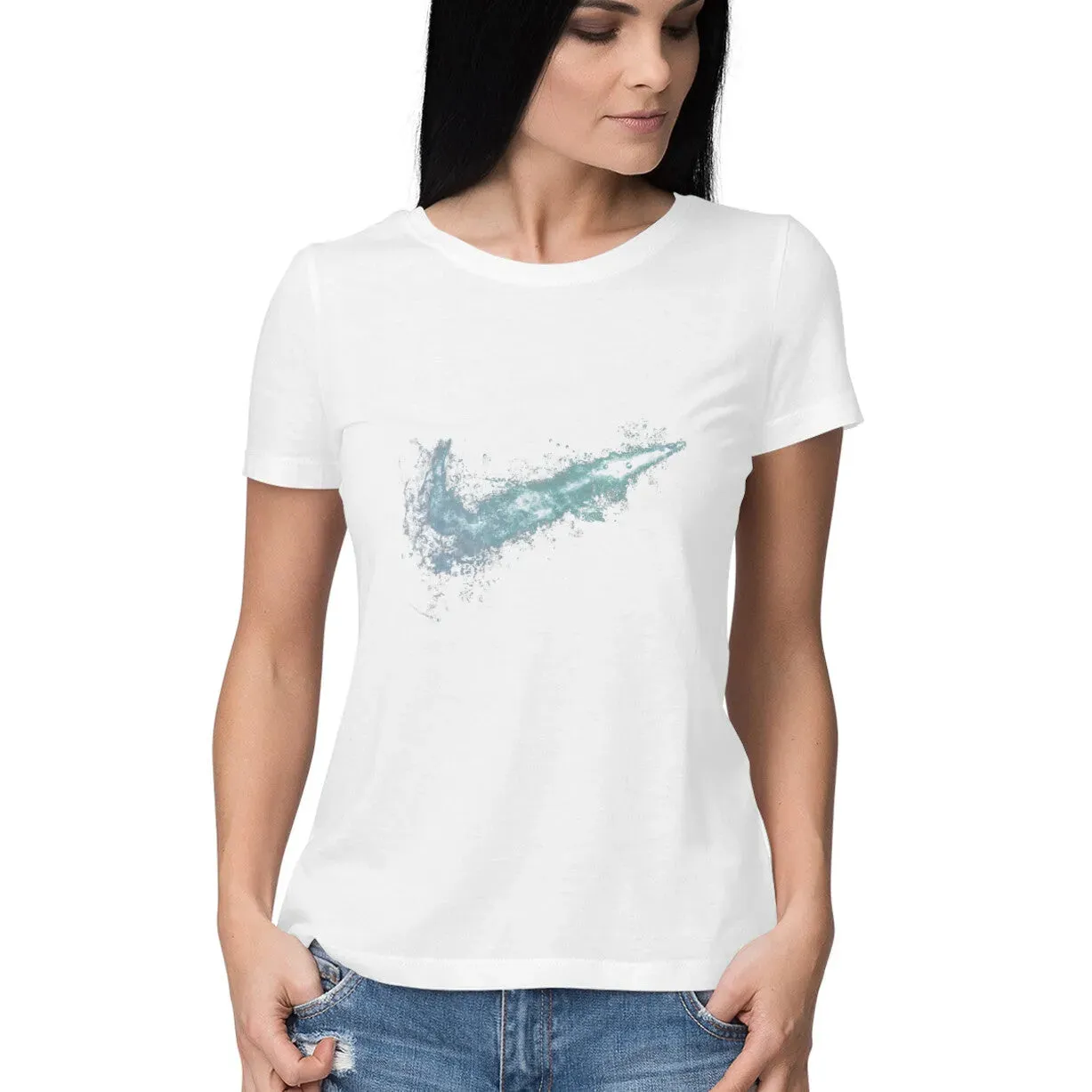 Water Swoosh Tick Graphic Print Half Sleeve Cotton T-Shirt for Women