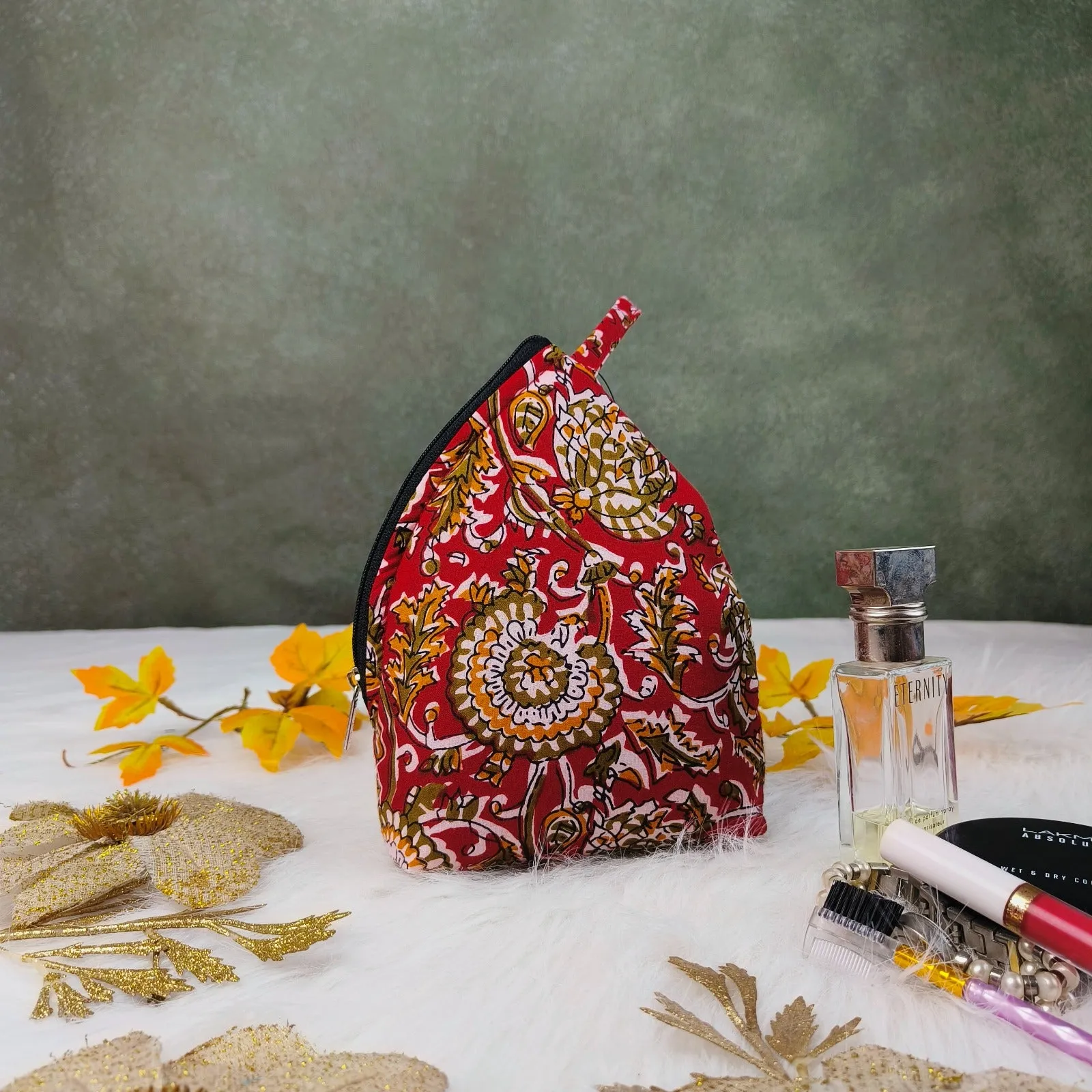 Weavers Nest Pouch Small Blood Red with Yellow and Red Botanical Prints Design