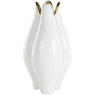 White Ceramic Dimensional Tulip Shaped Vase with Metallic Gold Rim