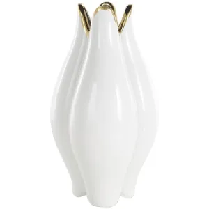 White Ceramic Dimensional Tulip Shaped Vase with Metallic Gold Rim