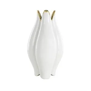 White Ceramic Dimensional Tulip Shaped Vase with Metallic Gold Rim