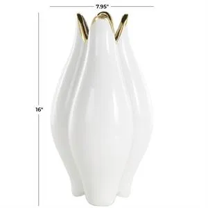 White Ceramic Dimensional Tulip Shaped Vase with Metallic Gold Rim