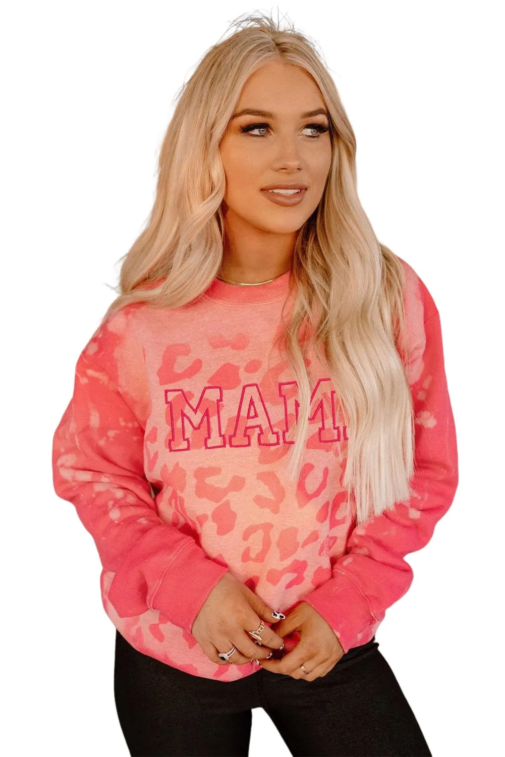 Women Pink MAMA Leopard Print Crew Neck Pullover Sweatshirt