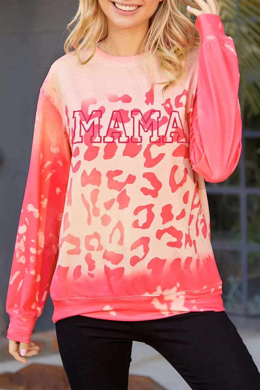 Women Pink MAMA Leopard Print Crew Neck Pullover Sweatshirt