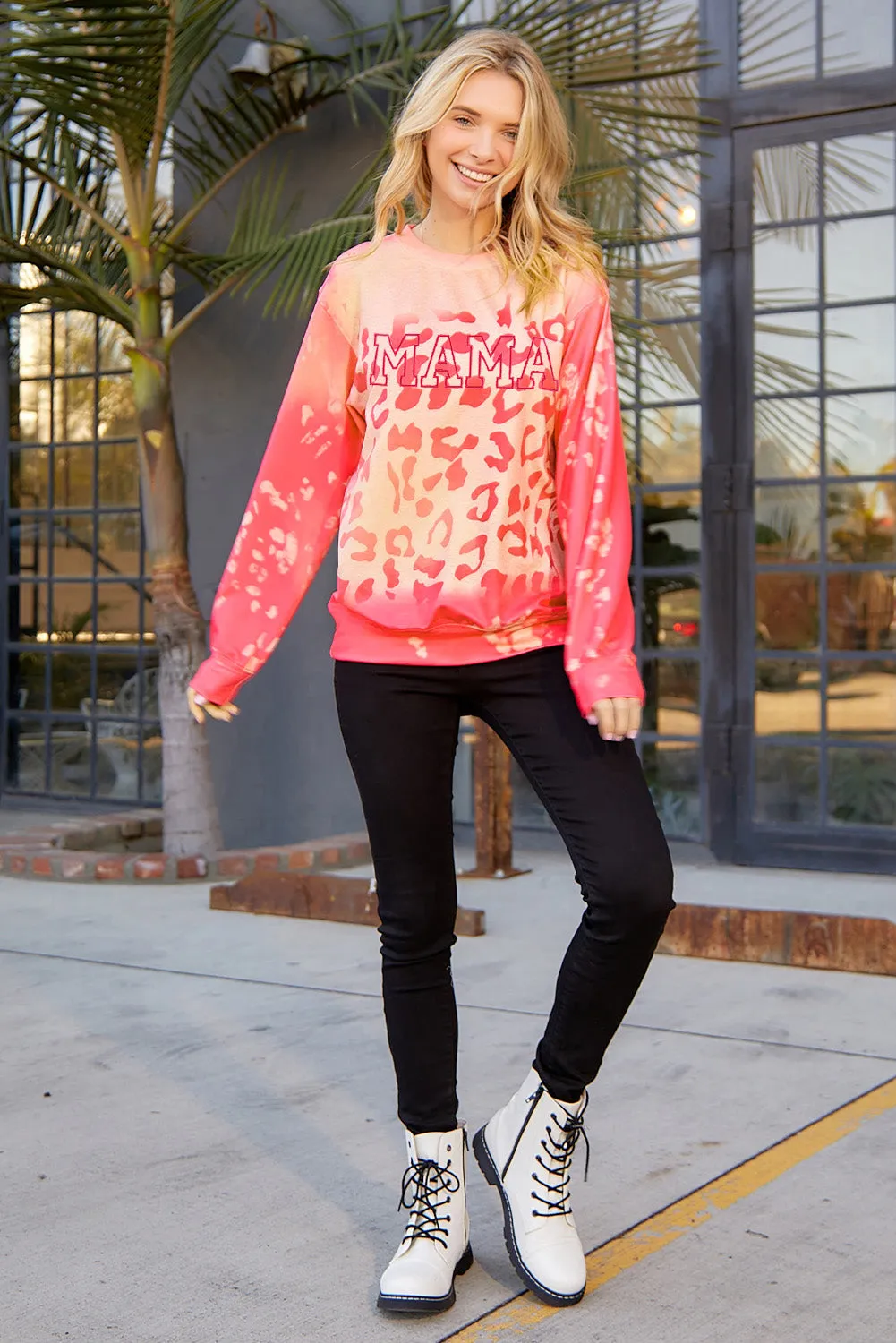 Women Pink MAMA Leopard Print Crew Neck Pullover Sweatshirt